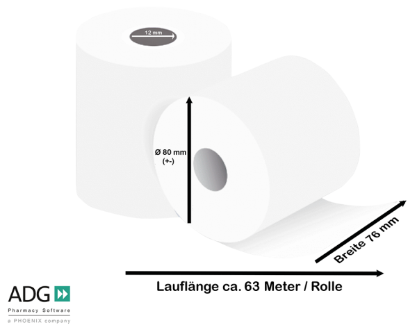 Kassenrollen 76 mm x 63 m x 12 mm, 5er Pack  (PZN 5739900*)